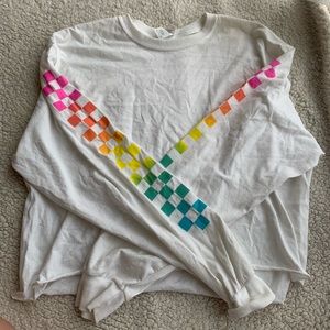 Rainbow-checkered long sleeve white cropped shirt